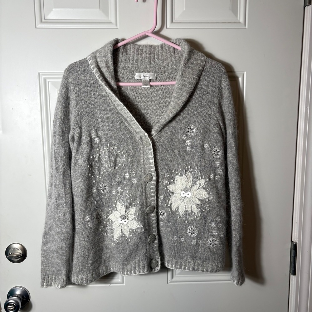 CJ Banks Gray Floral Embroidered Cardigan Sweater Collar Size X (14W) Holiday